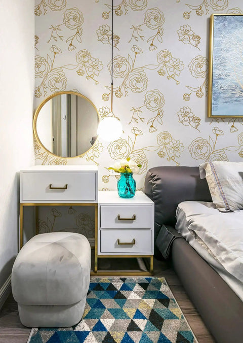 Gold And White Floral Peel And Stick Wallpaper Self Adhesive Removable Covering For Bedroom 393x17.3 Inches Vinyl Roll decor
