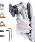 Pneumatic air chamfer deburring tool handheld grinder with adjustable dial; includes two carbide inserts and hex keys.