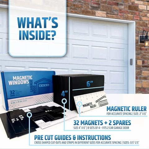 Magnetic Garage Door Window Panels Kit for Two Car Garages, 32 Pcs 4 by 6 Inch Faux Window Panes with packaging and instructions.