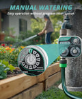 Mechanical Dial Hose Timer With Rain Delay And Auto Manual Modes For Drip Irrigation Pool And Lawn, shown in garden setup