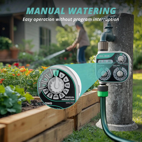 Mechanical Dial Hose Timer With Rain Delay And Auto Manual Modes For Drip Irrigation Pool And Lawn, shown in garden setup