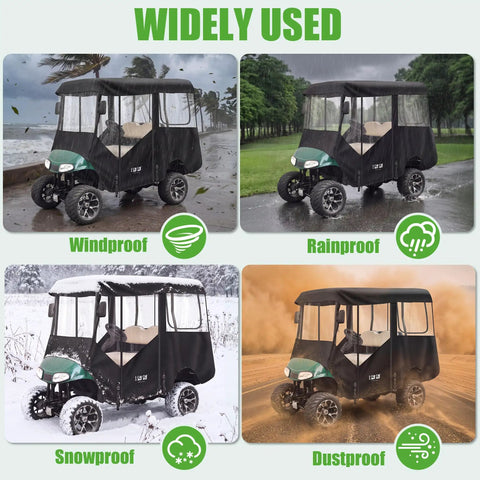 Top Shelf Golf Cart Enclosure For Ezgo Rxv Four Passenger Eighty Inch Extended Roof in windproof, rainproof, snowproof, and dustproof conditions.