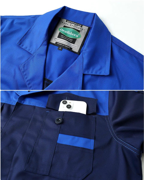 Close-up of Men's Lab Coat for Garage DIY Projects, showing collar and pocket detail with phone, Navy Blue XL size.
