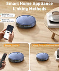 Robot Vacuum And Mop Combo With Schedule App Remote Voice Control 2300Pa Strong Suction Slim Self Charging Dock 2 In 1 Floor Cleaner For Pet Hair On Carpets And Hard Floors shown on hardwood floor with various control methods including smartphone and voice assistant.
