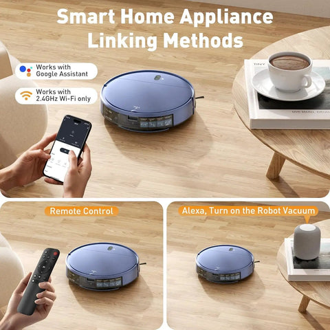 Robot Vacuum And Mop Combo With Schedule App Remote Voice Control 2300Pa Strong Suction Slim Self Charging Dock 2 In 1 Floor Cleaner For Pet Hair On Carpets And Hard Floors shown on hardwood floor with various control methods including smartphone and voice assistant.