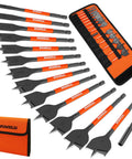 Shop Boss Spade Drill Bit Set And Paddle Flat Bits For Woodworking Quick Change Hex Shank Wood Drill Bits 14 Piece Kit showing carbon steel bits and utility pouch.