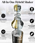 All-In-One Hybrid Shaker with measuring system and strainer, showcasing Top Shelf Insulated Cocktail Shaker Set With Double Wall Stainless Steel Body And Integrated Jigger Strainer For Smooth Home Bar Pouring And Easy Party Mixing With Total Zero Condensation Drama In Slick Gold Finish.