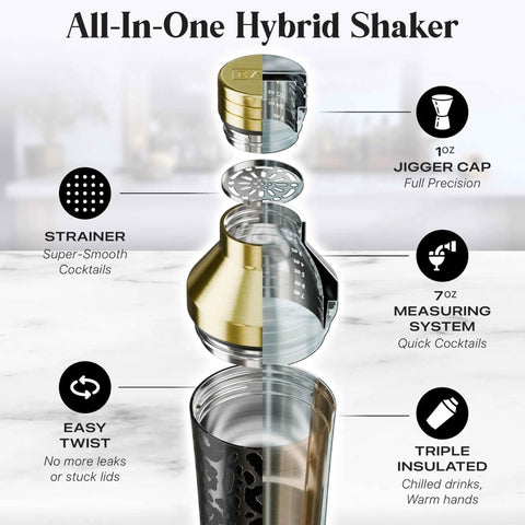 All-In-One Hybrid Shaker with measuring system and strainer, showcasing Top Shelf Insulated Cocktail Shaker Set With Double Wall Stainless Steel Body And Integrated Jigger Strainer For Smooth Home Bar Pouring And Easy Party Mixing With Total Zero Condensation Drama In Slick Gold Finish.