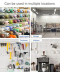 Badass Double Pegboard Hooks 15 Piece Set Crafted From Hella Tough Steel with various tools and crafts displayed on pegboards.