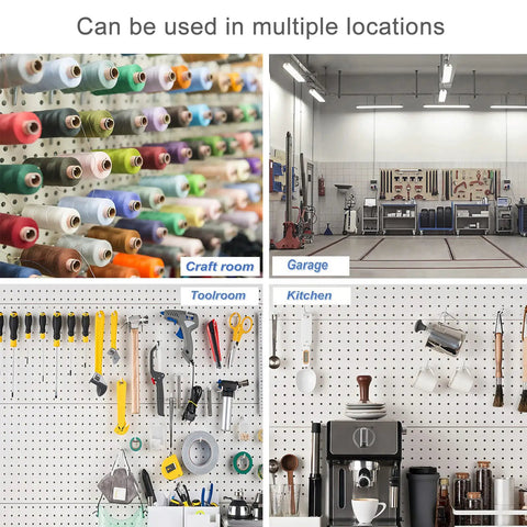 Badass Double Pegboard Hooks 15 Piece Set Crafted From Hella Tough Steel with various tools and crafts displayed on pegboards.