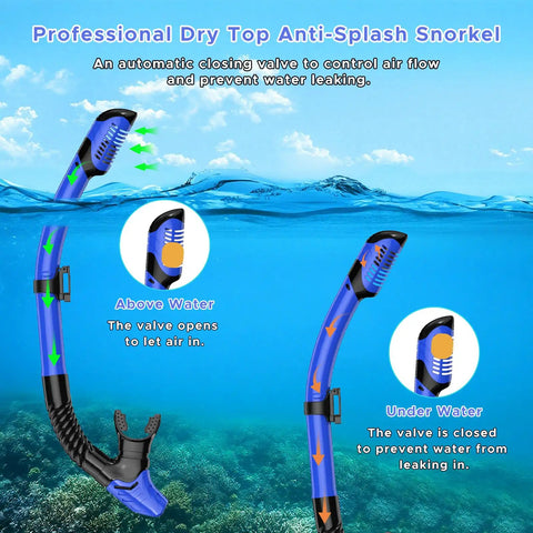 Professional dry top snorkel with valve control for Two Window Panorama Snorkel Mask For Adults With Dry Top Snorkel Tempered Glass Dive Mask.