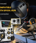 Person welding with 6 In 1 All In One Multi Process Welder With Flux MIG And Gas MIG Plasma Cutter HF TIG And Stick Spool Gun Lift TIG.