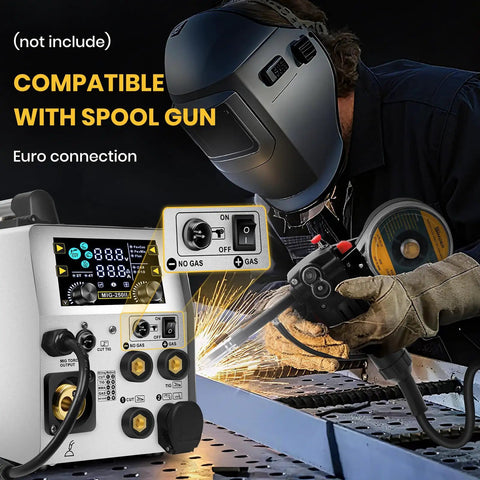 Person welding with 6 In 1 All In One Multi Process Welder With Flux MIG And Gas MIG Plasma Cutter HF TIG And Stick Spool Gun Lift TIG.