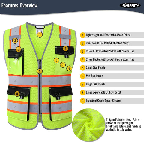 Top Tier High Visibility Reflective Safety Vest Featuring Featherweight Mesh Construction Plus Kickass Fluorescent Panels And Sturdy Reflective Tape To Keep Your Crew Safe On Busy Construction Sites, showcasing pockets and zippers.