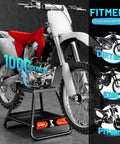 Universal Dirt Bike Stand With Tool Tray Detachable Lift Up To 600 Lbs supporting a dirt bike in a workshop setting