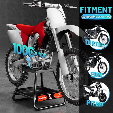 Universal Dirt Bike Stand With Tool Tray Detachable Lift Up To 600 Lbs supporting a dirt bike in a workshop setting