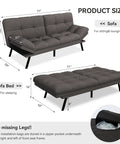 Convertible Futon Sofa Bed In Grey Linen With Detachable Cushions, Adjustable Backrest, Sofa and Bed Dimensions Shown