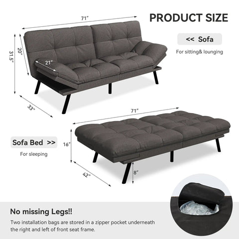 Convertible Futon Sofa Bed In Grey Linen With Detachable Cushions, Adjustable Backrest, Sofa and Bed Dimensions Shown