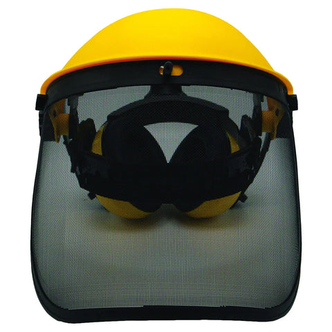 Heavy Duty Face Shield And Ear Muffs Combo With Removable Visor For Crew Job Site Protection And Yard Work Ppe In Safety Yellow And Black, front view.