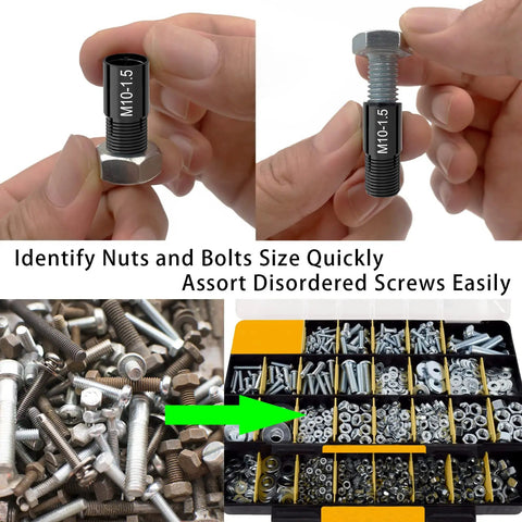 Close-up of Nut And Bolt Thread Checker Set Inch And Metric 14 Inch And 12 Metric Thread Gauges showing thread testing on screws.