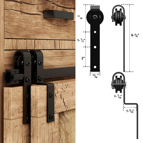 Bypass Mini Barn Door Hardware Kit with Double Sliding Rollers in Black Powder Coat, side view, durable solid steel construction