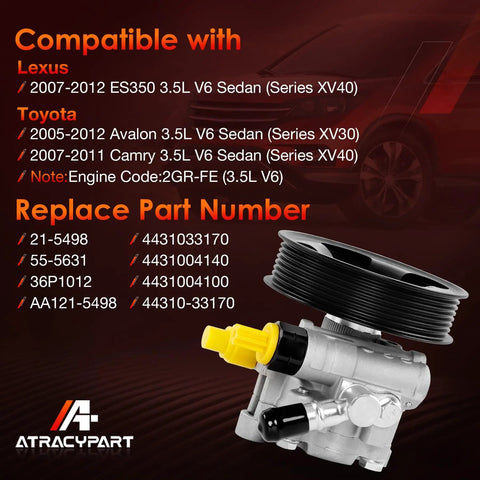 Toyota Power Steering Pump With Pulley For Camry 2007-2011, Avalon 2005-2012, Lexus ES350 2007-2012 displayed with part numbers