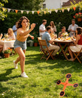 Woman playing with Heavy Duty Spinning Target With Thickened Roller For Indoor Outdoor Fun Includes 10 Paper Pellet Sheets Built Tough For Backyard Park Camping And Family Games in garden