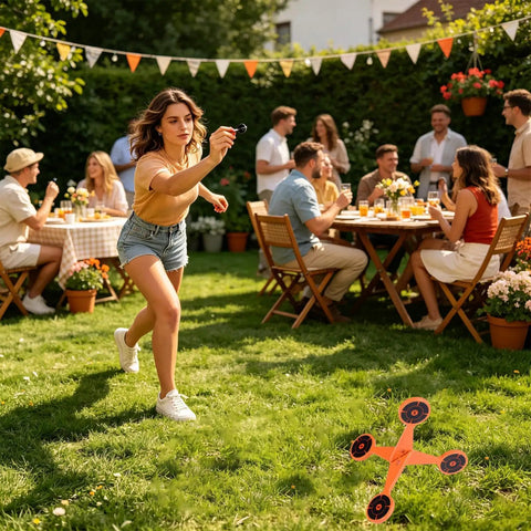 Woman playing with Heavy Duty Spinning Target With Thickened Roller For Indoor Outdoor Fun Includes 10 Paper Pellet Sheets Built Tough For Backyard Park Camping And Family Games in garden