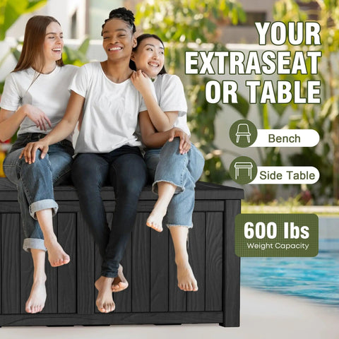 All Weather Outdoor Storage Box Bench, 150 Gallon Lockable And Waterproof Storage Chest, onyx black, used as bench
