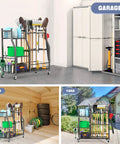 Garden Tool Organizer With Wheels Rolling Cart For Garage And Shed Large Upright Stand For Rakes Shovels And Long Handled Yard Tools Indoor Outdoor Storage To Keep Tools Neat And Accessible in various settings.