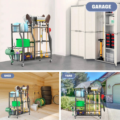 Garden Tool Organizer With Wheels Rolling Cart For Garage And Shed Large Upright Stand For Rakes Shovels And Long Handled Yard Tools Indoor Outdoor Storage To Keep Tools Neat And Accessible in various settings.