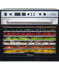 Premium Heavy Duty Digital Food Dehydrator Featuring Stainless Steel Rack Trays And Whisper Quiet Airflow System For Rapid Jerky Fruit Vegetable Nut Drying with colorful fruits and vegetables displayed on trays.
