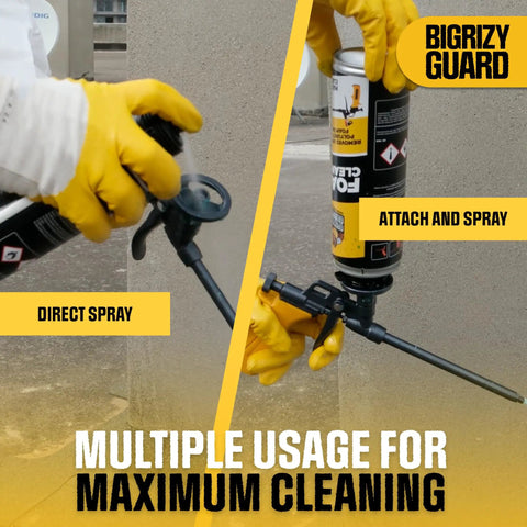 Pro Level Heavy Hitter Closed Cell Spray Foam Insulation Kit With Dependable Trigger Gun and Rapid Dissolve Cleaner in use with spray nozzle.