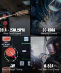 Close-up of Beast 3 In 1 MIG Welder With Lift TIG And Spot, Flux Core And MMA controls, showing settings for wire feed, voltage, and current.