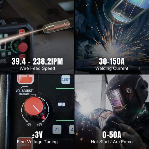 Close-up of Beast 3 In 1 MIG Welder With Lift TIG And Spot, Flux Core And MMA controls, showing settings for wire feed, voltage, and current.
