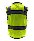 Class II High Visibility Safety Vest Fluorescent Lime Reflective Tape Heavy Duty Construction Workwear Nine Pocket Utility System Day Shift Hustle Ready Surveyor Gear Large rear view with mesh material and reflective stripes.