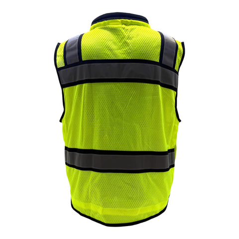 Class II High Visibility Safety Vest Fluorescent Lime Reflective Tape Heavy Duty Construction Workwear Nine Pocket Utility System Day Shift Hustle Ready Surveyor Gear Large rear view with mesh material and reflective stripes.