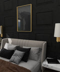 Set Of 2 Battery Powered Fabric Shade Wall Lights With Remote, Wireless Sconce Lamps, Dimmable Bulbs, Farmhouse Gold Finish on dark wall in bedroom