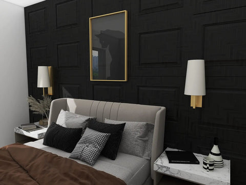 Set Of 2 Battery Powered Fabric Shade Wall Lights With Remote, Wireless Sconce Lamps, Dimmable Bulbs, Farmhouse Gold Finish on dark wall in bedroom