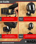 Wall Mount Helmet Rack With Gloves Tray for Motorcycle and Dirt Bike Gear, shown installed in a garage with black helmet.