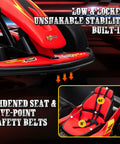 Red Electric Kids Go Kart For Outdoor Play with seat details, five-point safety belts, and widened seat for stability.
