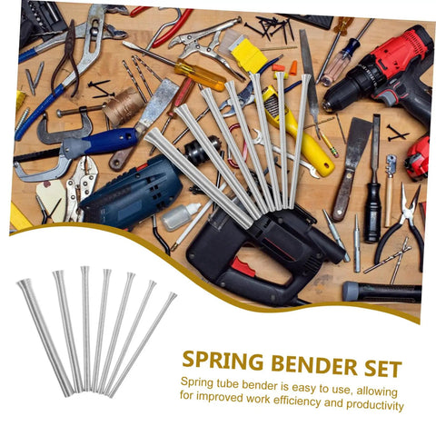 Houdereco Heavy Duty Multi Purpose Tubing Bender Set includes seven spring tools for bending pipes on a workbench.