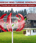 1000W Vertical Wind Turbine Kit With 12V 24V System installed outdoors, red nylon fiber blades near house