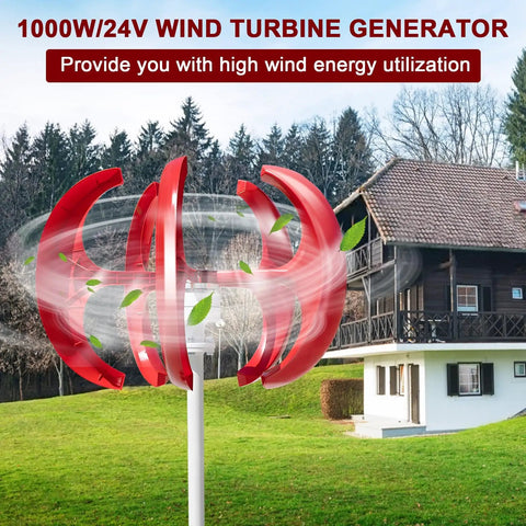 1000W Vertical Wind Turbine Kit With 12V 24V System installed outdoors, red nylon fiber blades near house