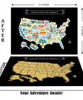 Scratch Off USA Map Wall Decor Kit With Accessories Large 23x16 showing before and after scratching design on black background.