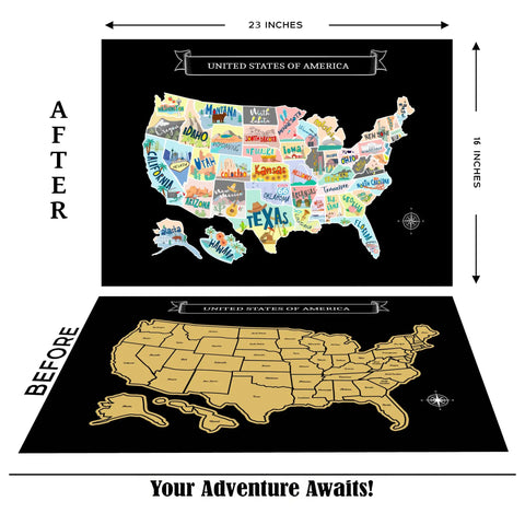 Scratch Off USA Map Wall Decor Kit With Accessories Large 23x16 showing before and after scratching design on black background.