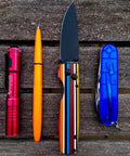 Striped handle knife with 1 Pair Knife Handle Slabs For DIY Knifemaking Pearl Resin Polymer Scales And Grips Set on wooden background.