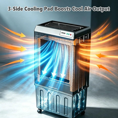 Killer 5886 CFM Evaporative Air Cooler With 26 Gallon Tank And 120 Degree Oscillating Vents showing 3-side cooling pad and airflow.