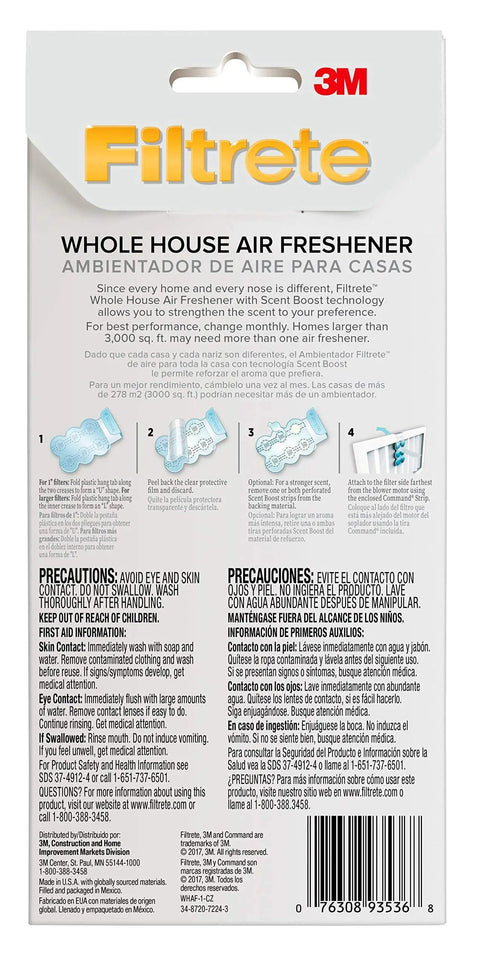 Back of packaging showing whole house air freshener with scent boost technology details and instructions