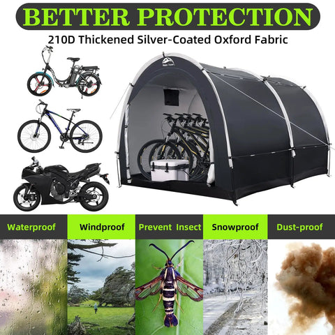 Oversized Outdoor Bike Storage Tent Shed With Window Waterproof Shelter for bikes and tools, 210D fabric protection features.